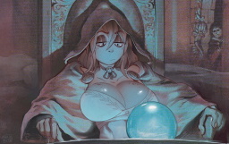 a bored-looking girl wizard with a huge pair of boobs gazing into a crystal ball